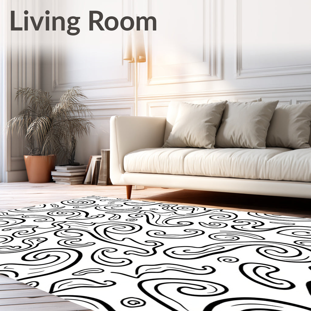 Black White Swirl Abstract Flowing Shapes Rug