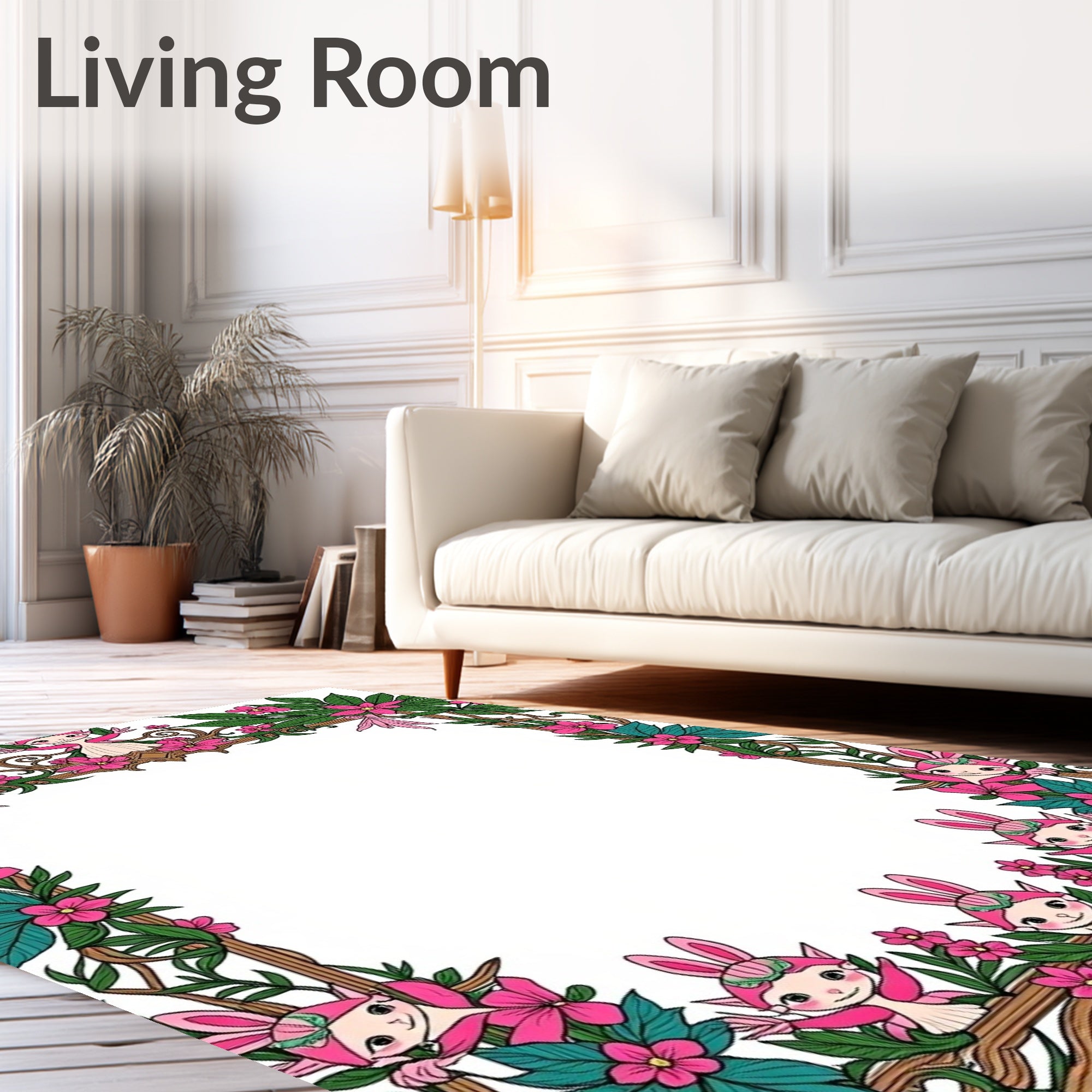 Whimsical Pink Fairy Garden Border Rug