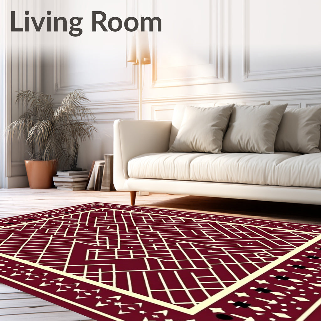 Crimson Geometric Overlay Cream Border Rug