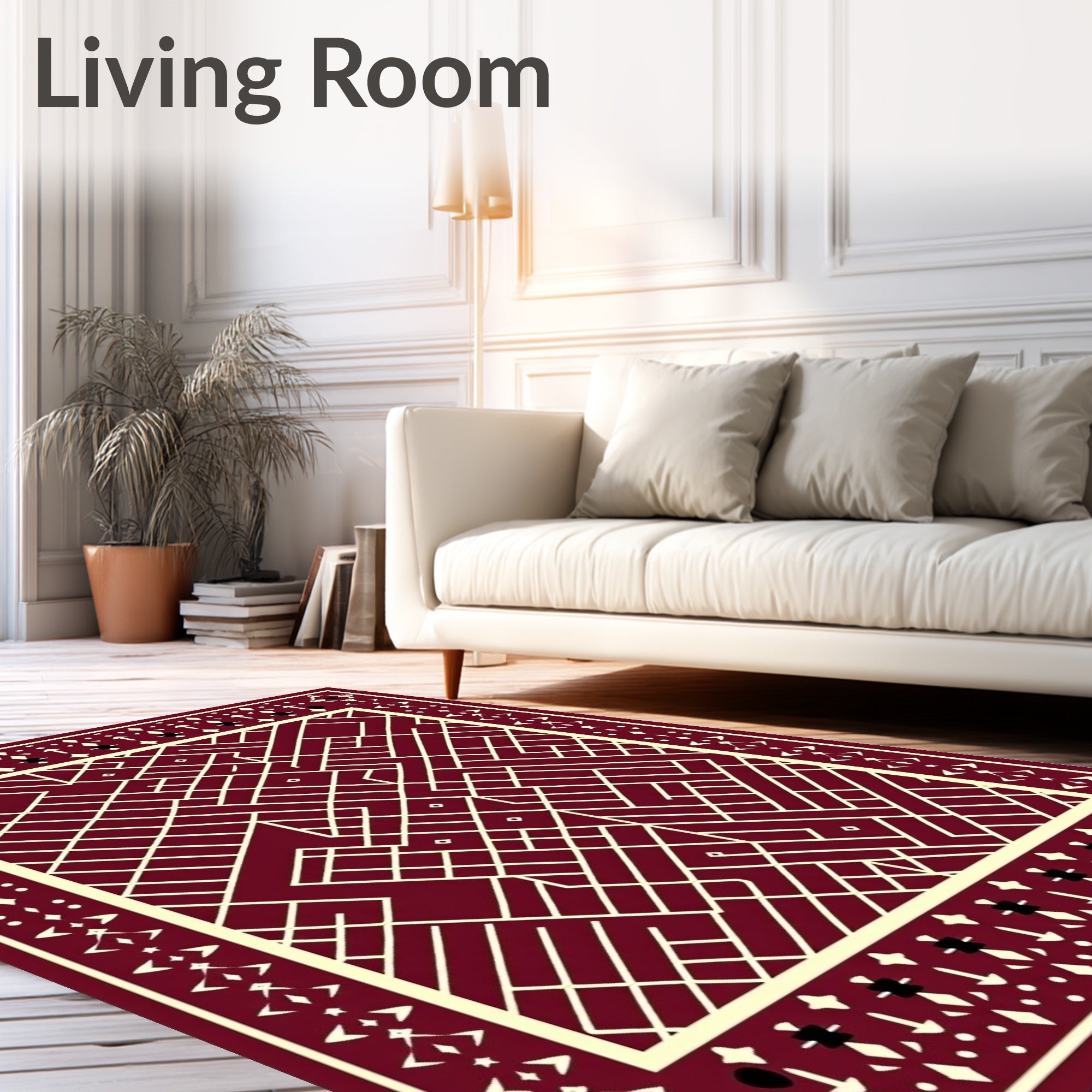 Crimson Geometric Overlay Cream Border Rug