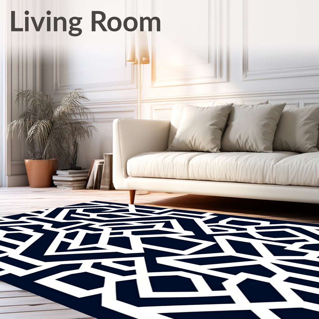 Dark Blue White Geometric Maze Rug
