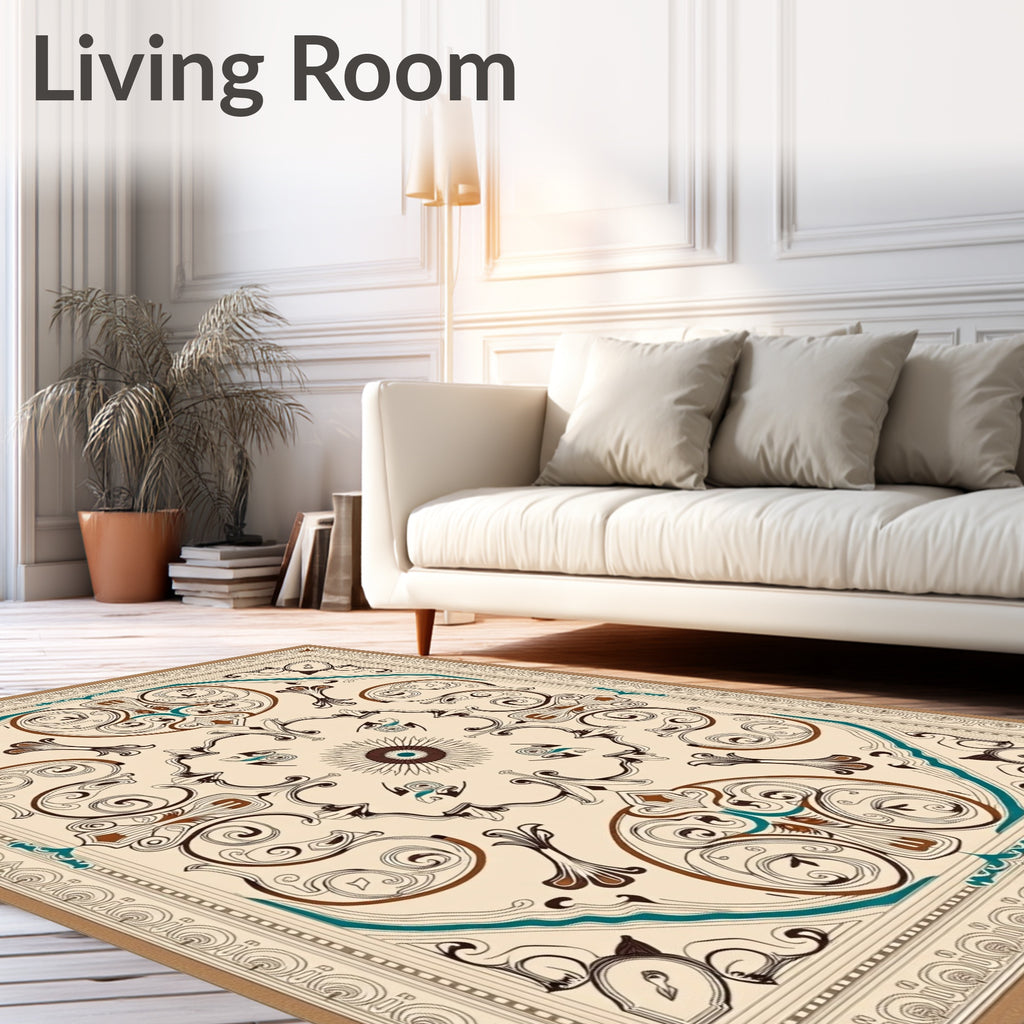 Elegant Beige Brown Teal Medallion Rug