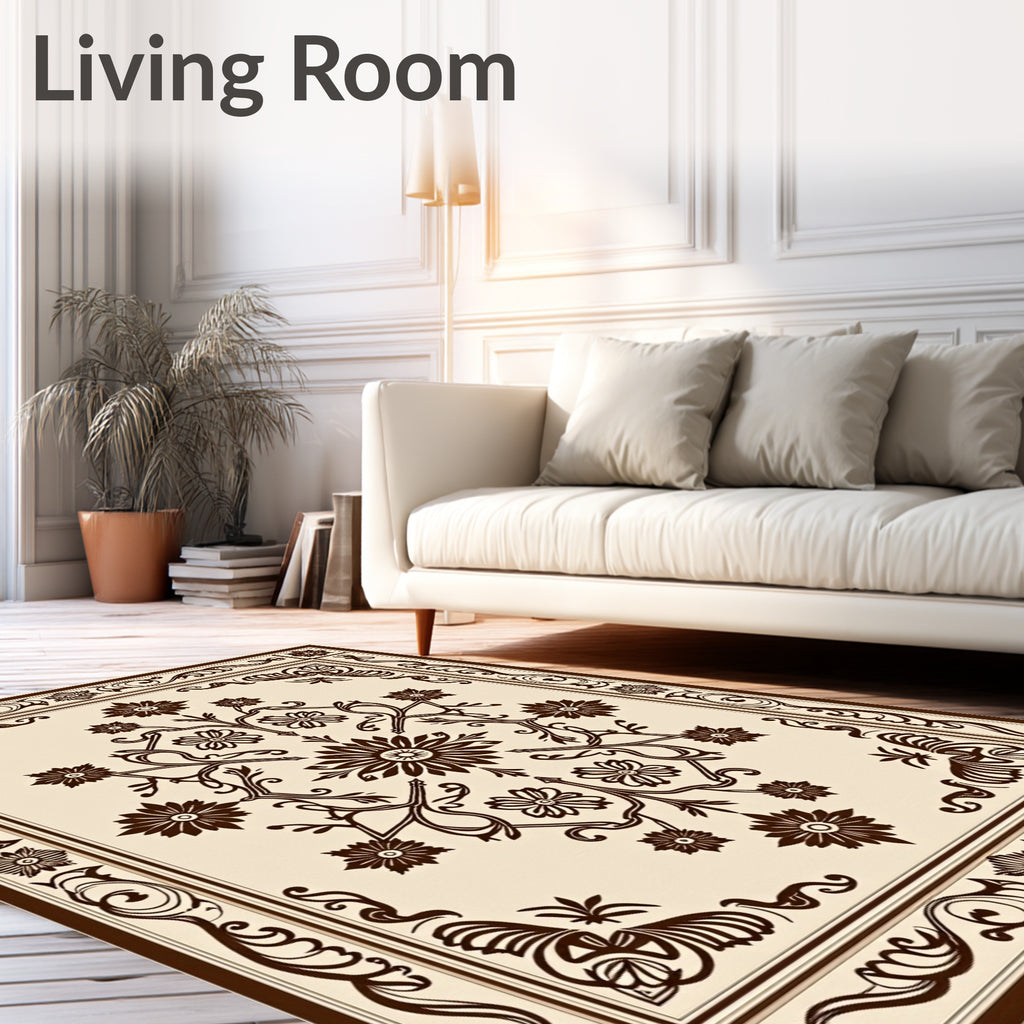 Ornate Brown Floral Scroll Medallion Rug