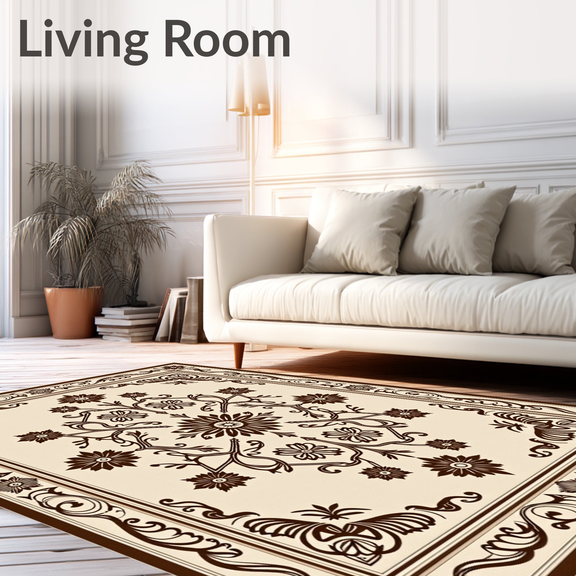 Ornate Brown Floral Scroll Medallion Rug