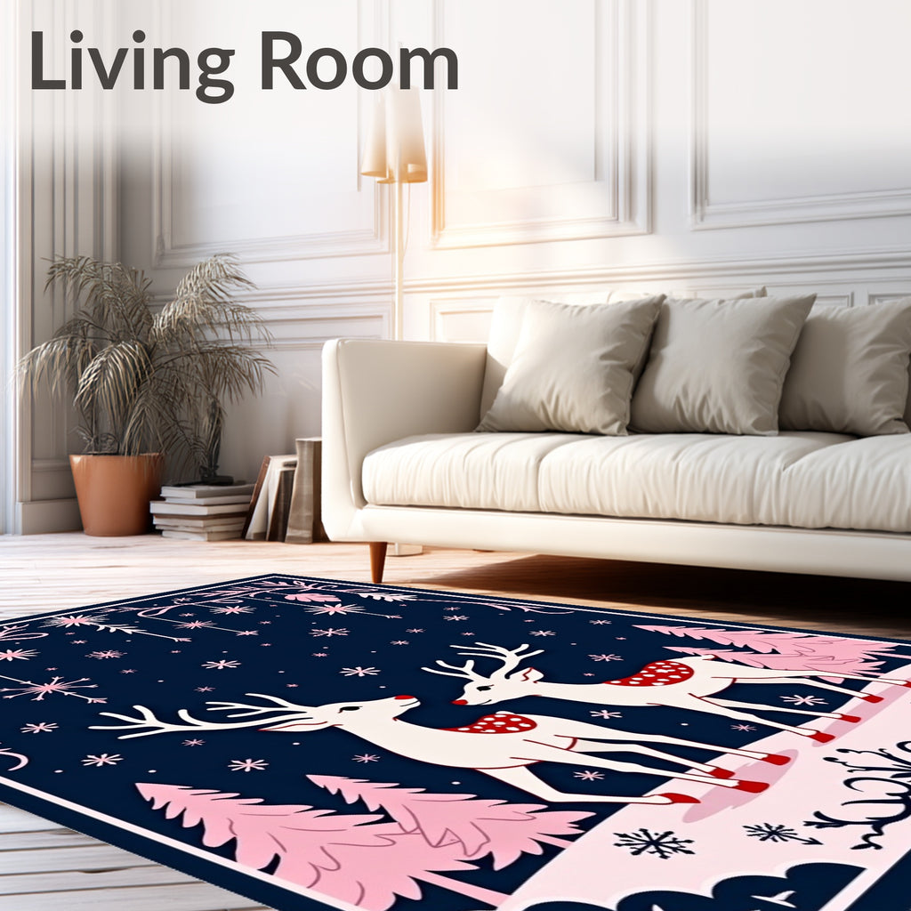 Winter Deer Reindeer Snowflakes Navy Rug