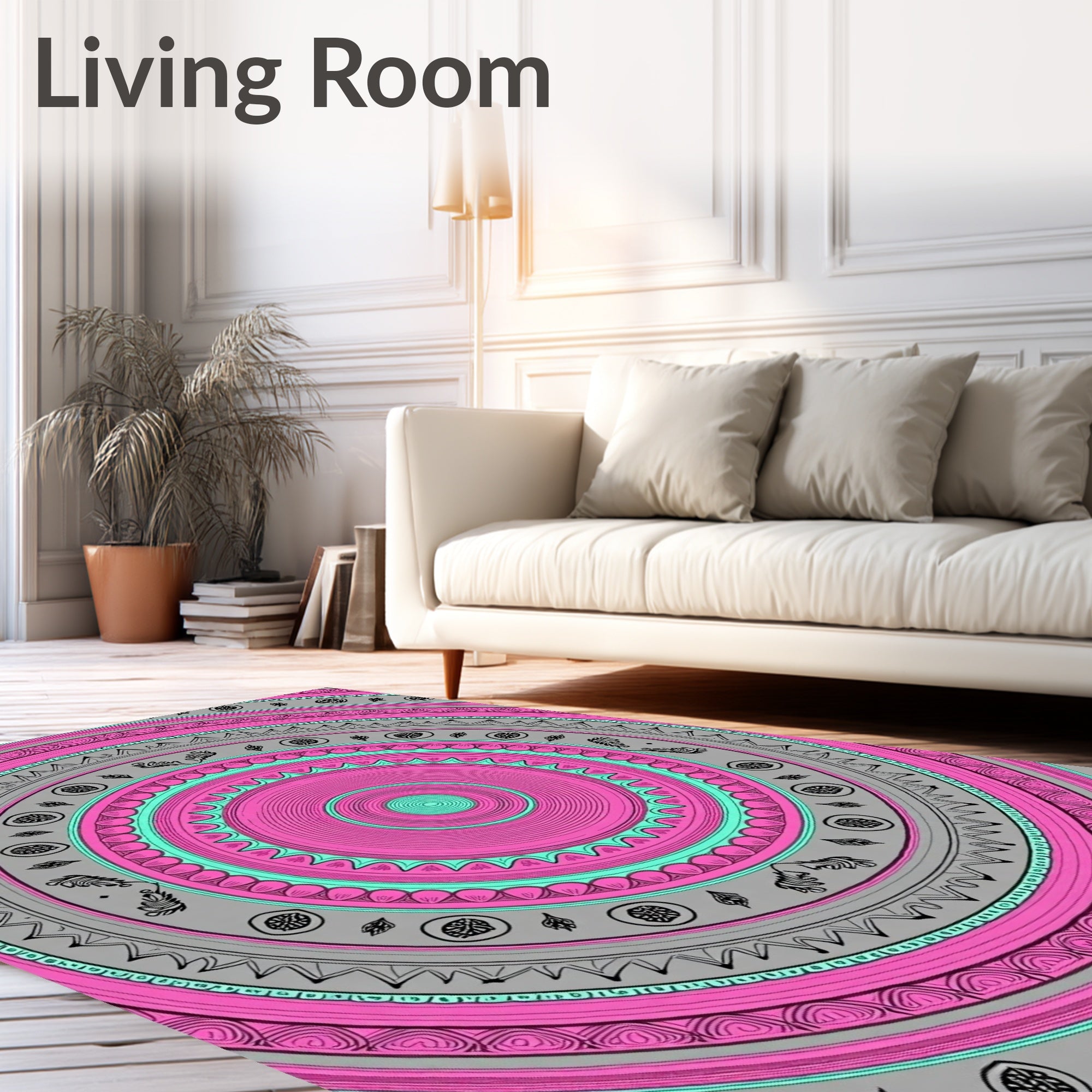 Pink Turquoise Gray Concentric Mandala Rug
