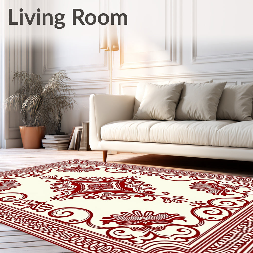 Crimson Floral Scroll Border Rug