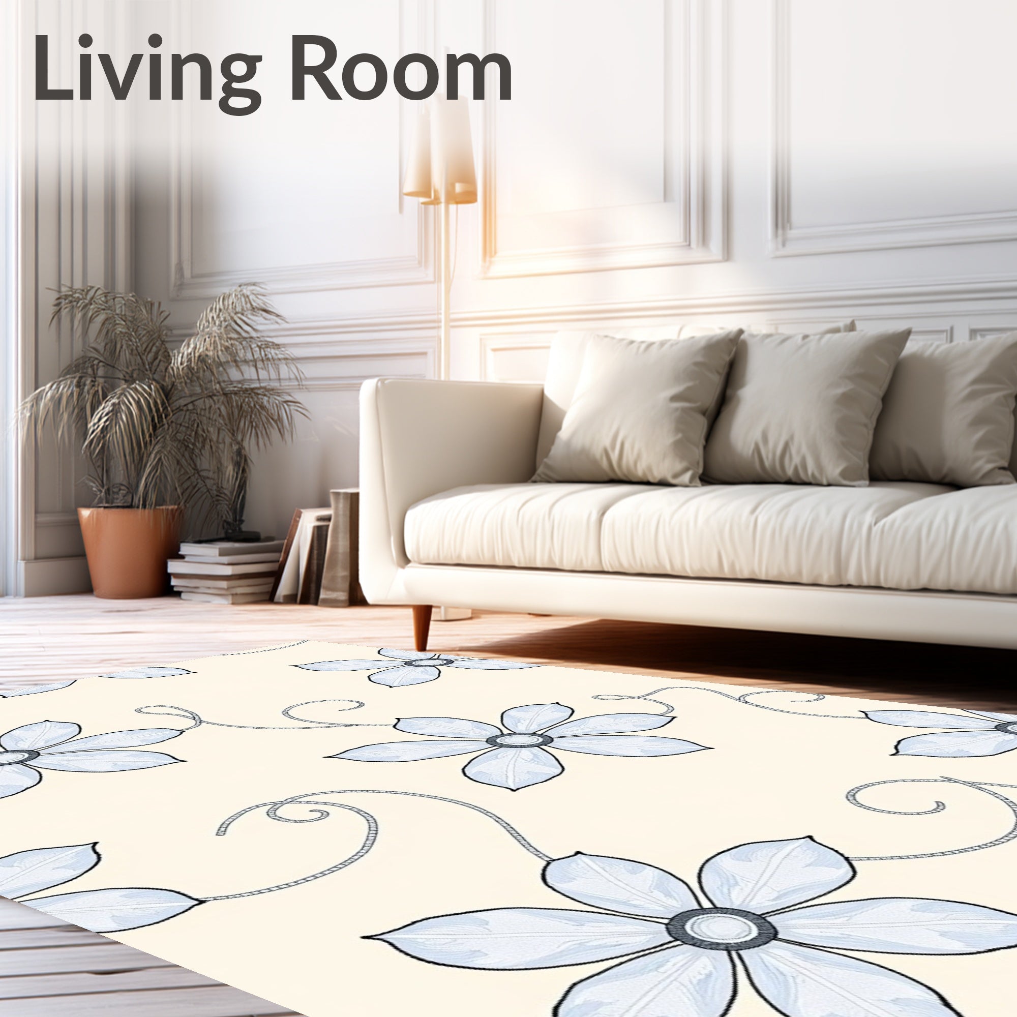 Soft Blue Floral Vine Scroll Rug