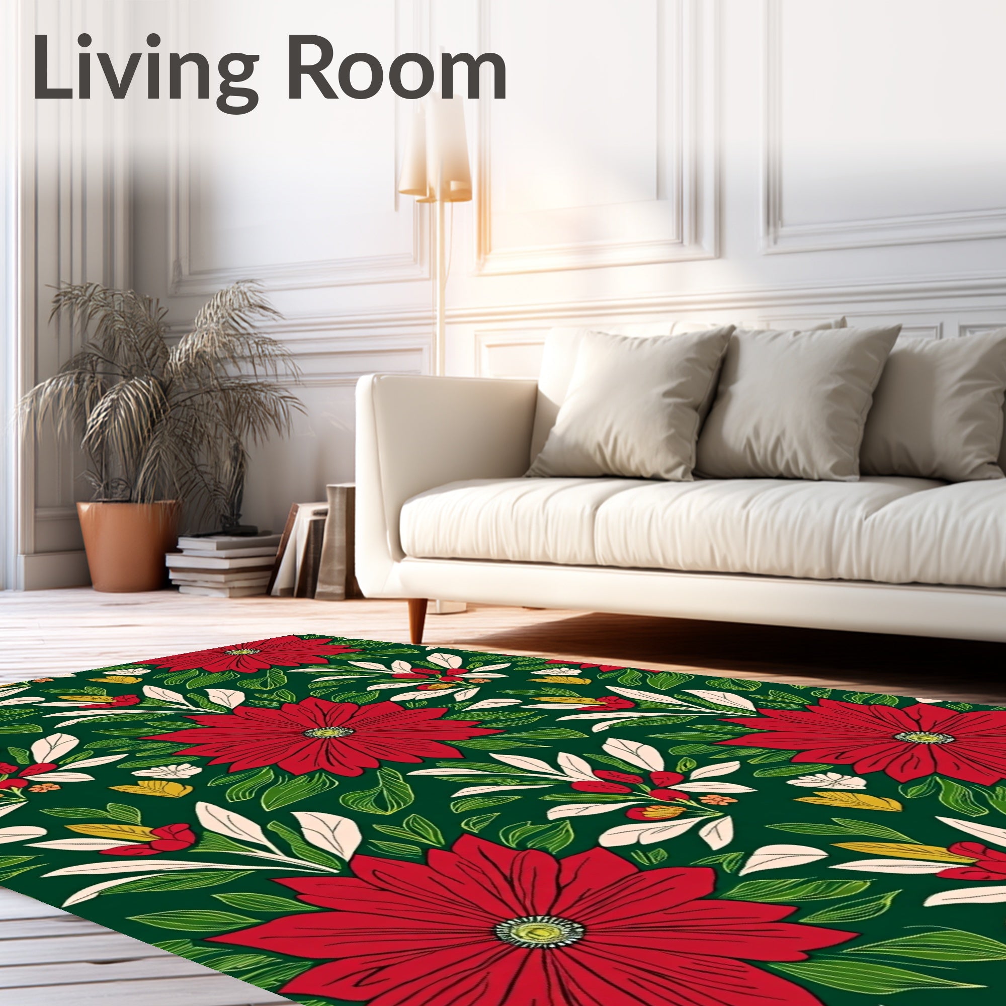 Vibrant Red Floral Garden Green Rug