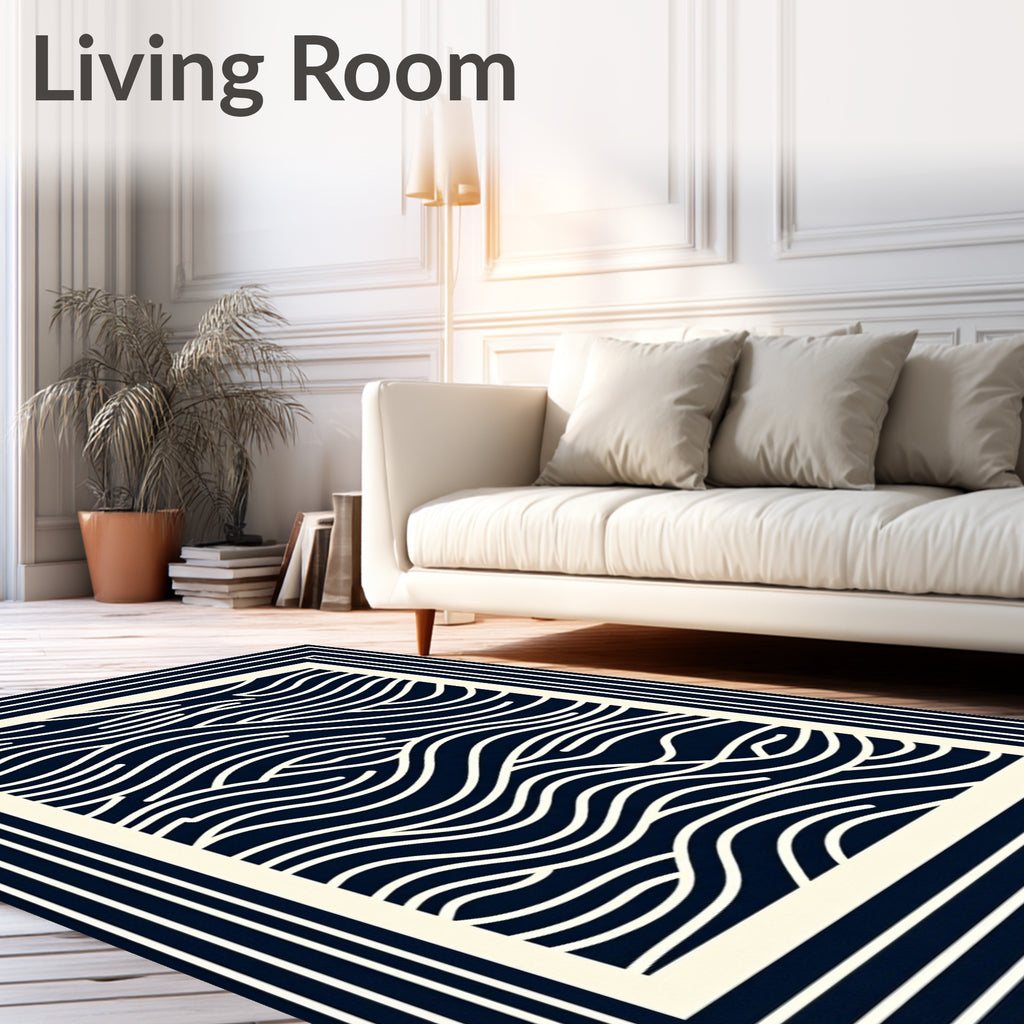 Navy Cream Wavy Lines Border Rug