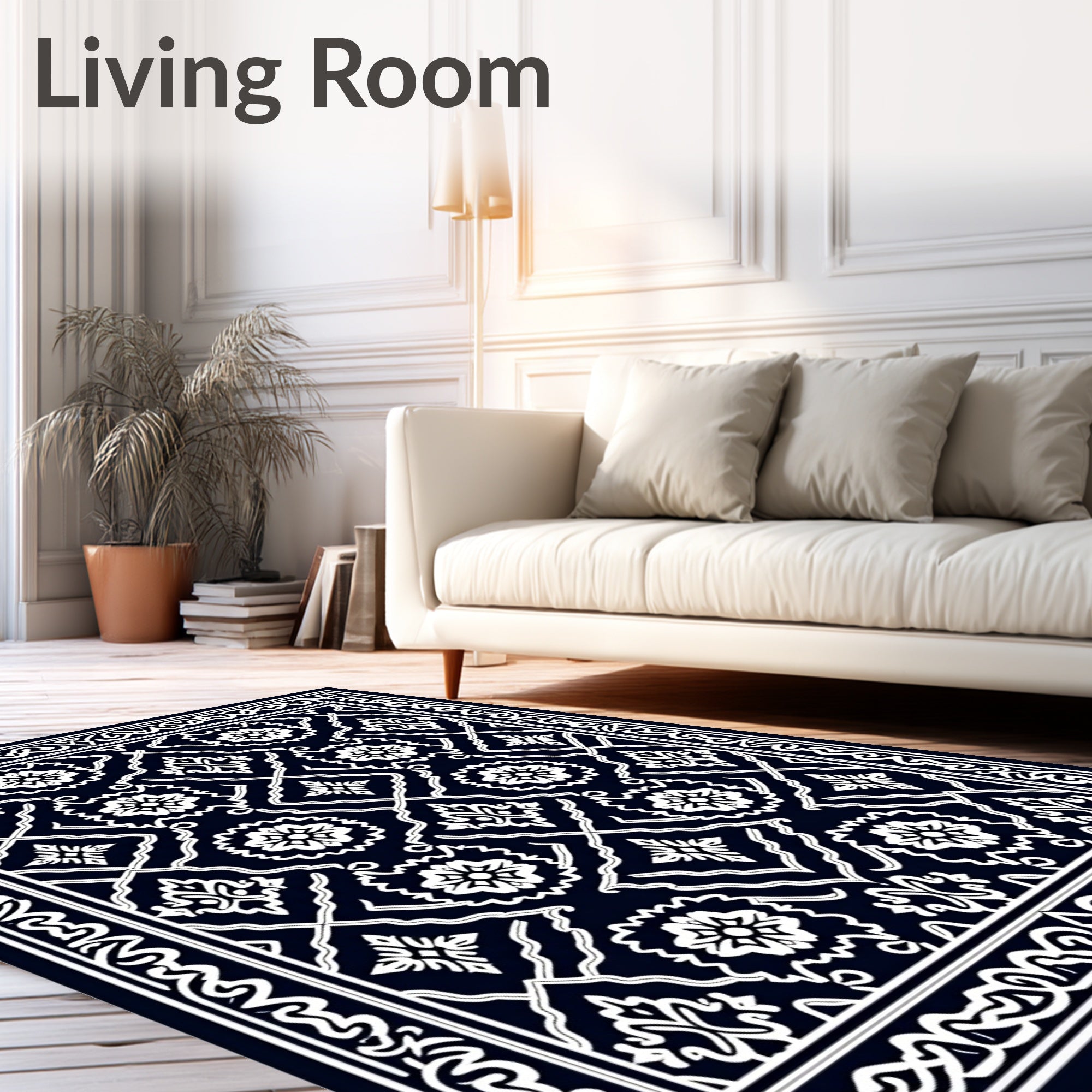 Navy White Ornamental Floral Medallion Rug