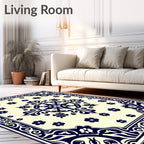 Navy Floral Medallion Cream Border Rug