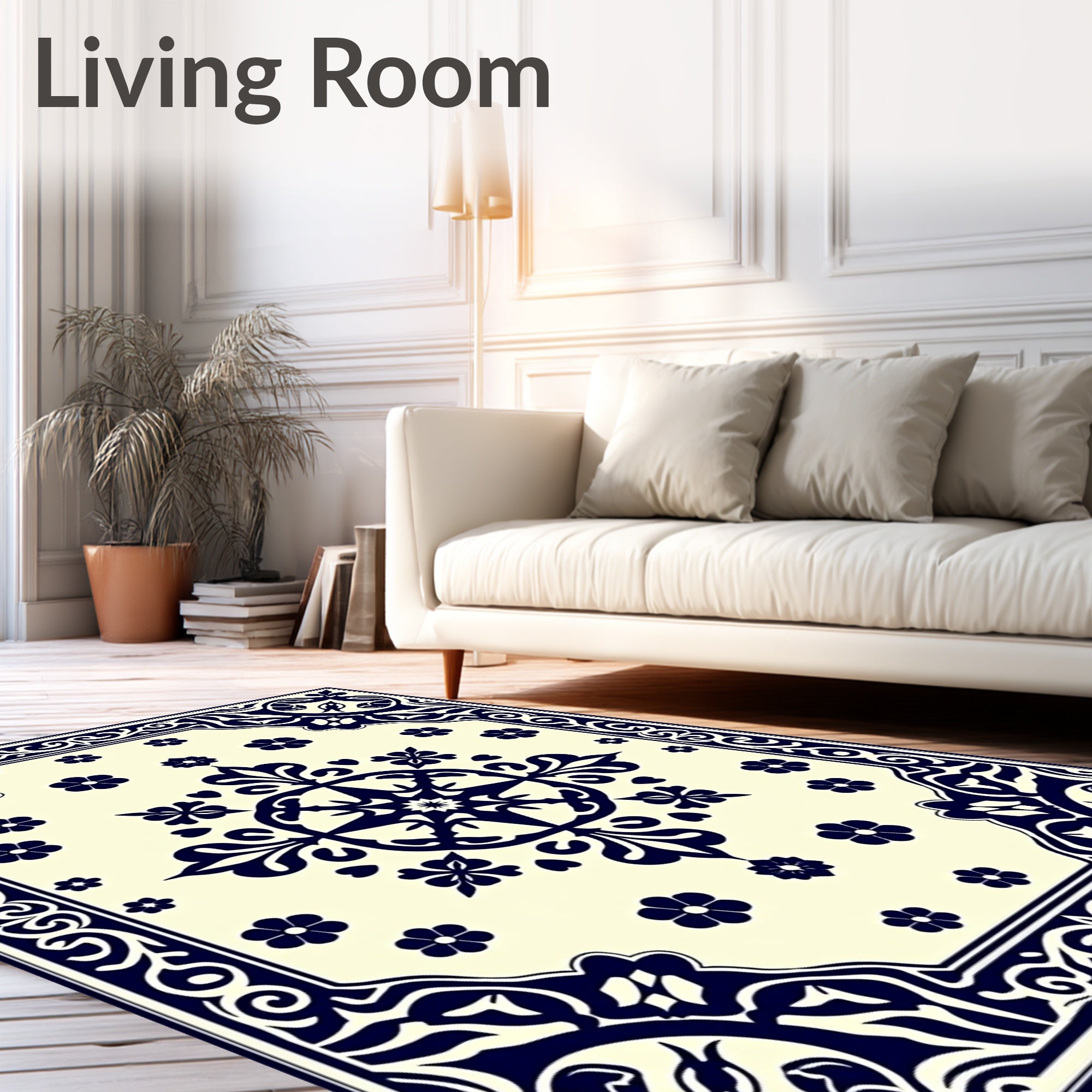 Navy Floral Medallion Cream Border Rug