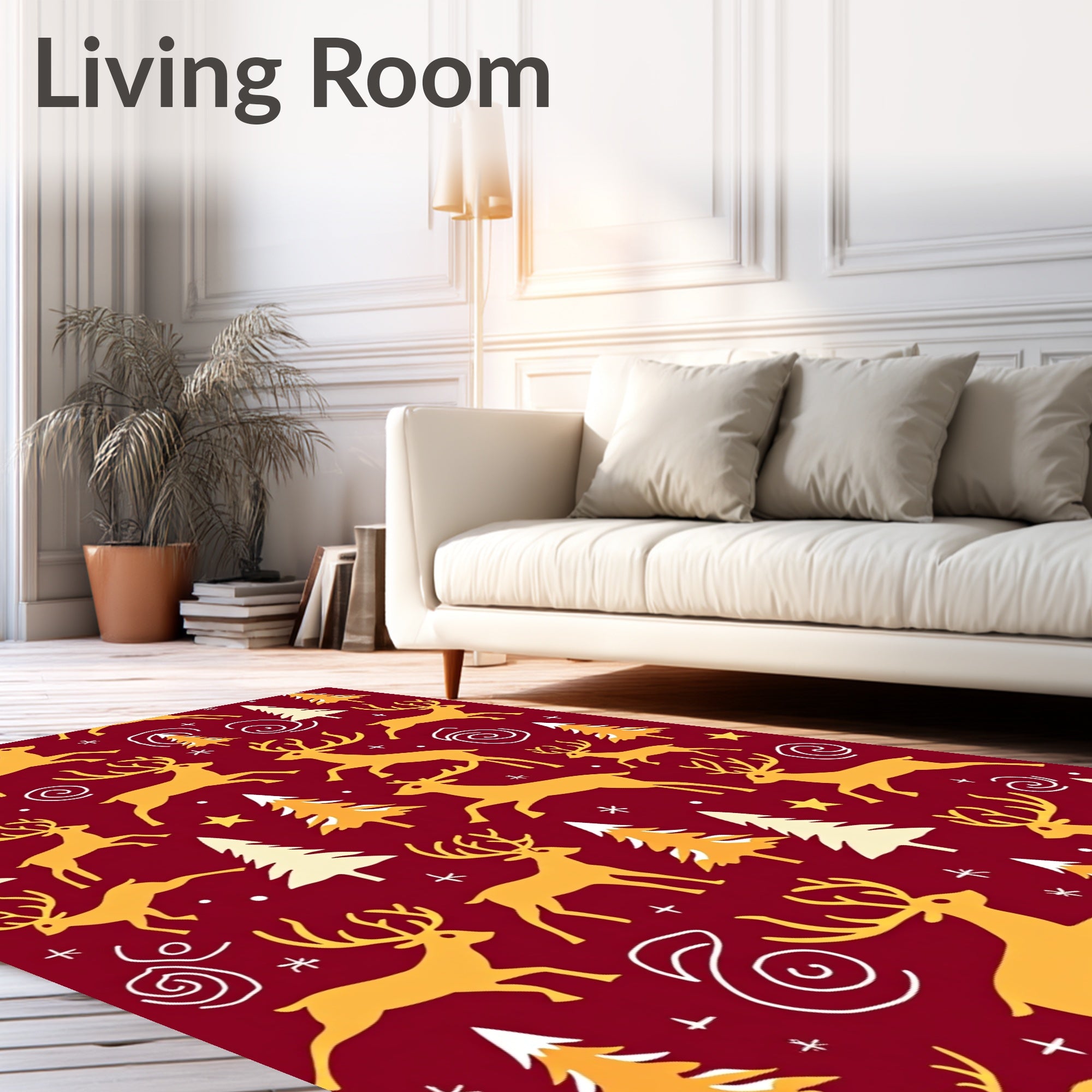 Golden Deer Christmas Trees Red Field Rug