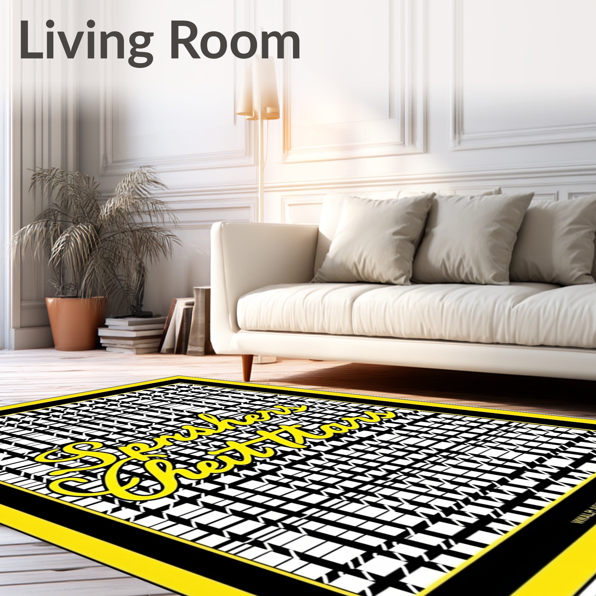 Black White Yellow Houndstooth Script Rug