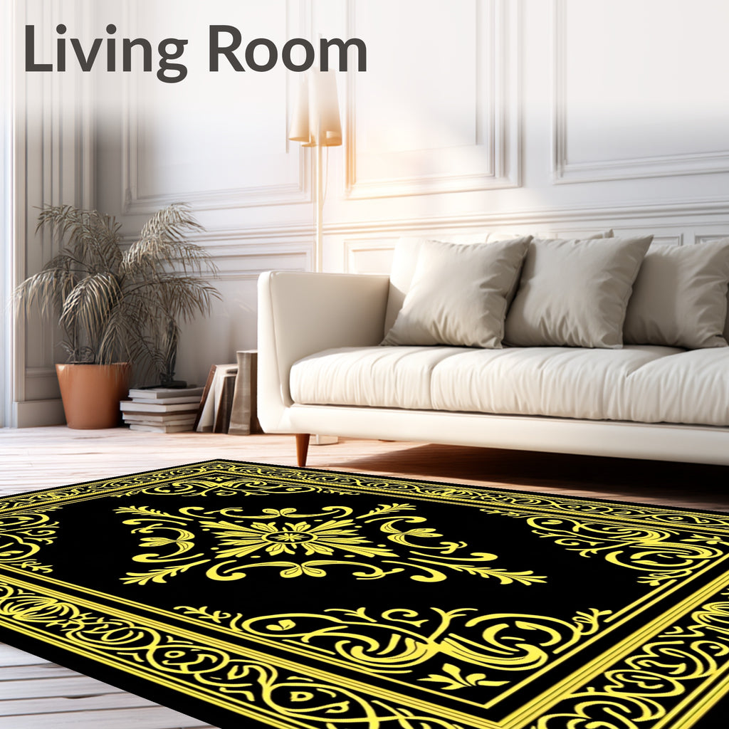 Golden Black Ornate Medallion Frame Rug