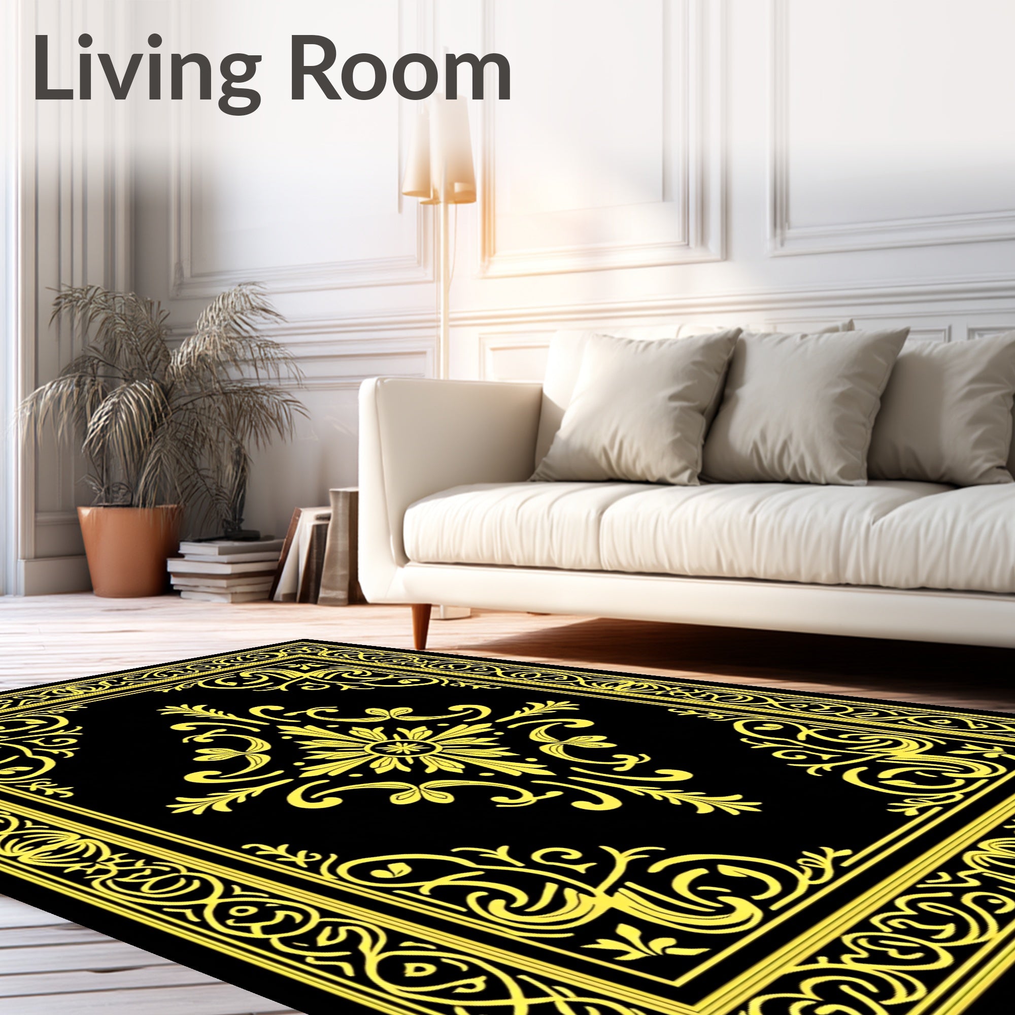 Golden Black Ornate Medallion Frame Rug