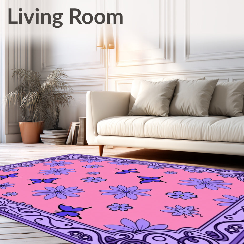 Whimsical Purple Butterfly Floral Garden Rug