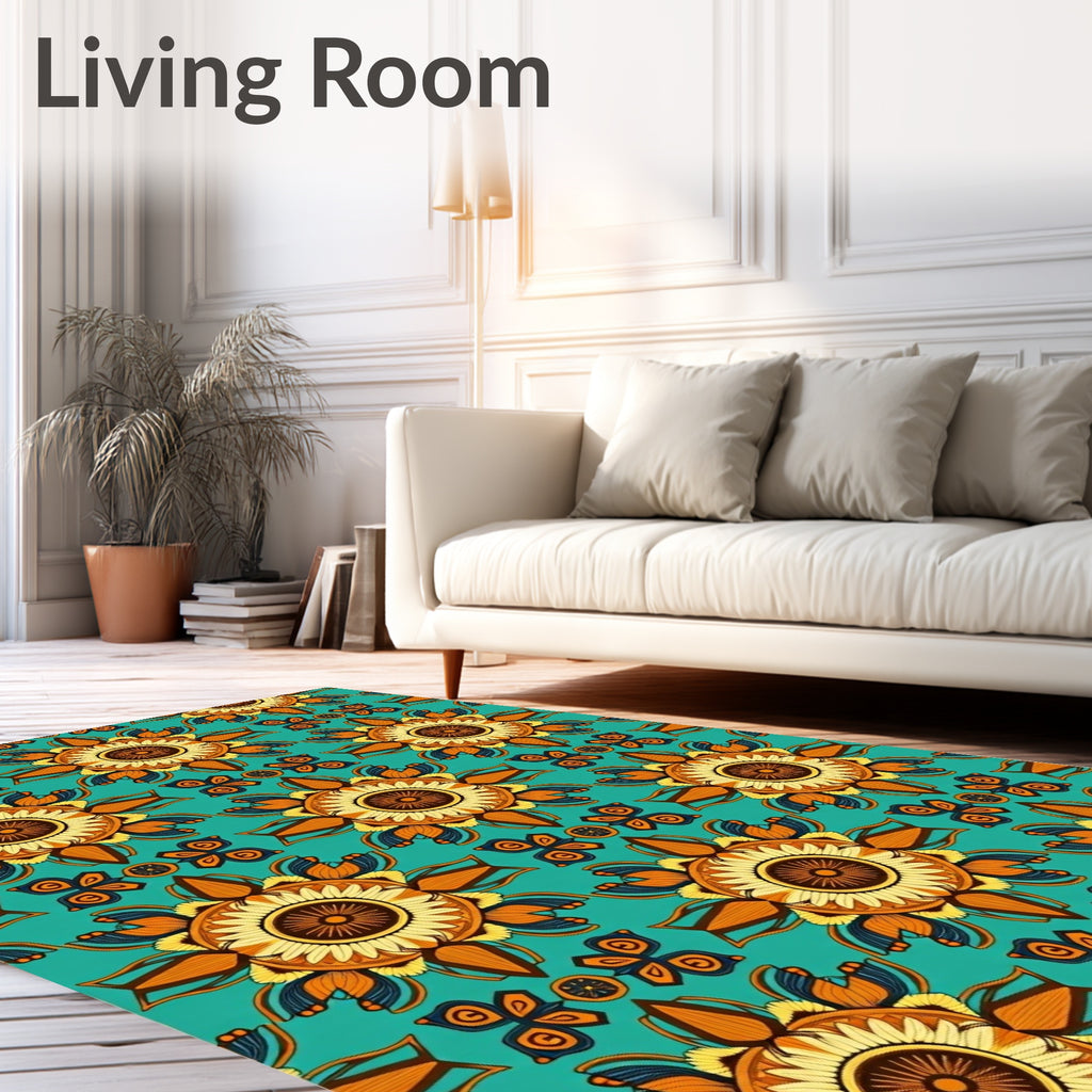 Teal Orange Yellow Sunburst Floral Rug