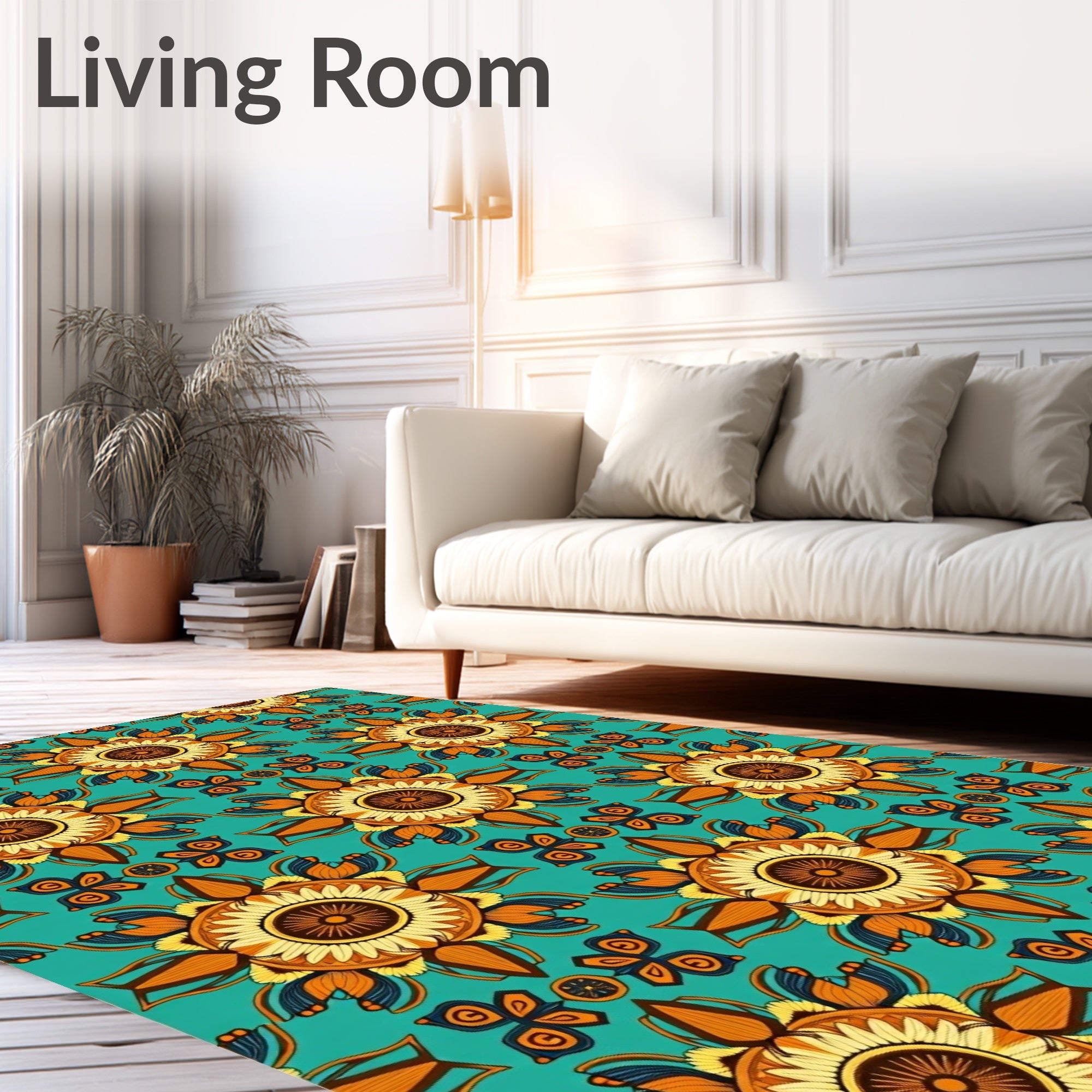Teal Orange Yellow Sunburst Floral Rug