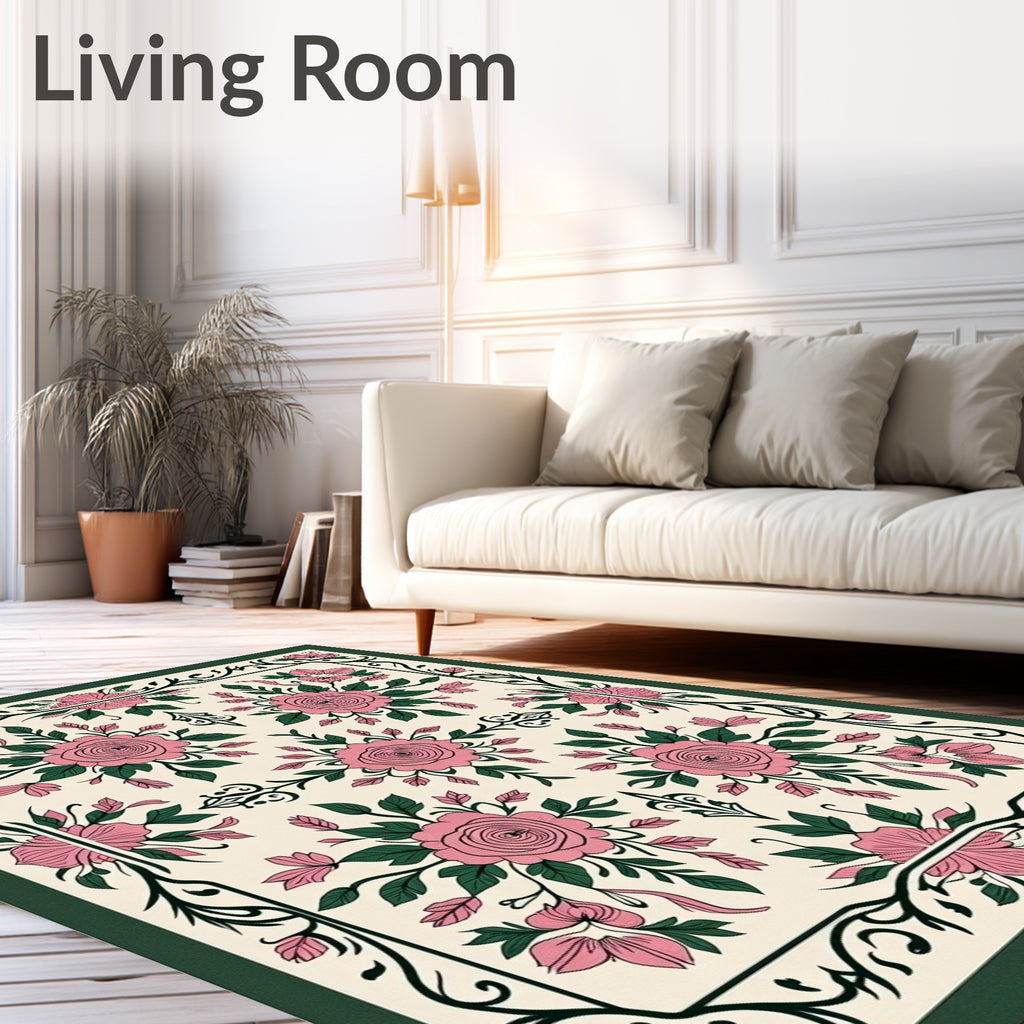 Vintage Pink Green Floral Medallion Rug