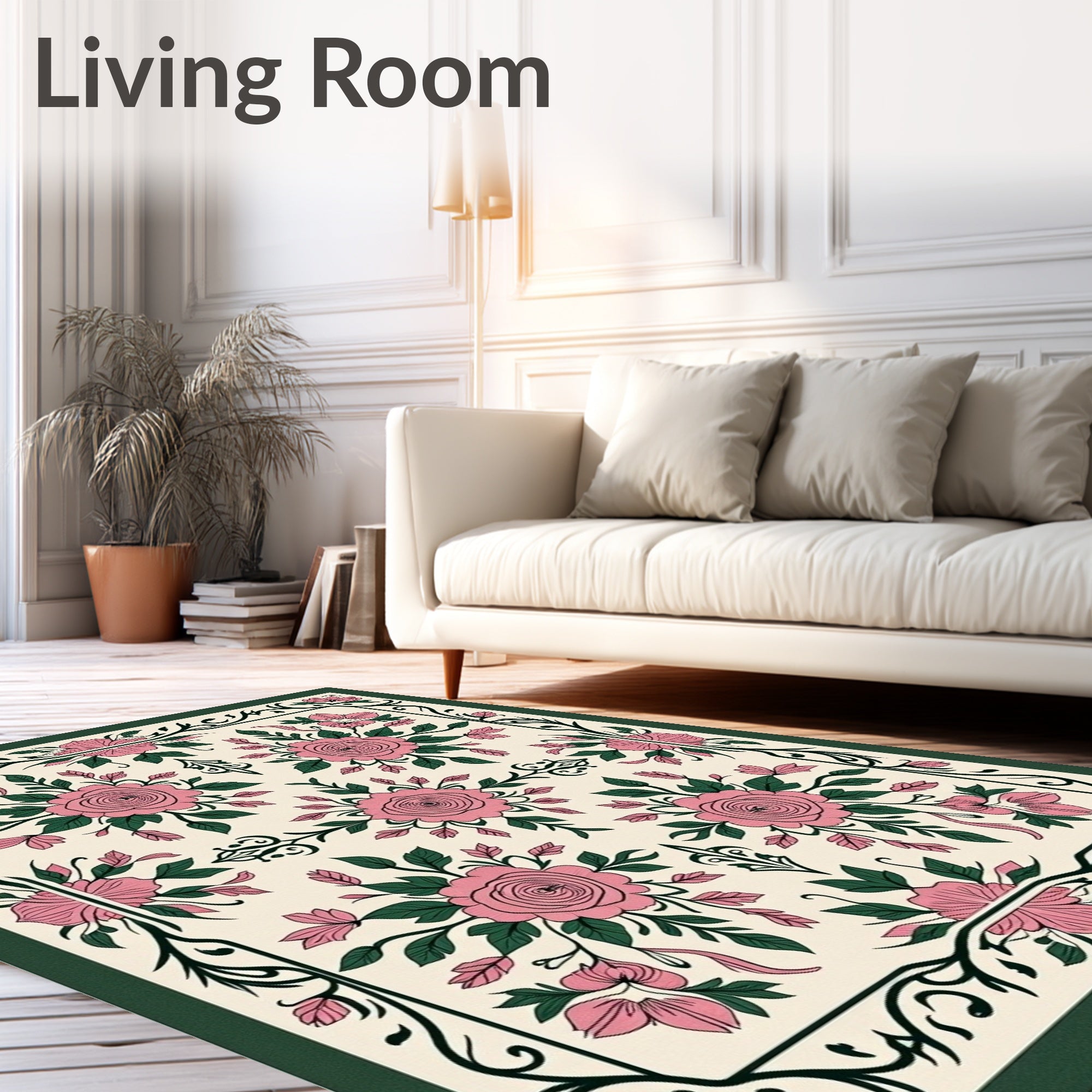 Vintage Pink Green Floral Medallion Rug