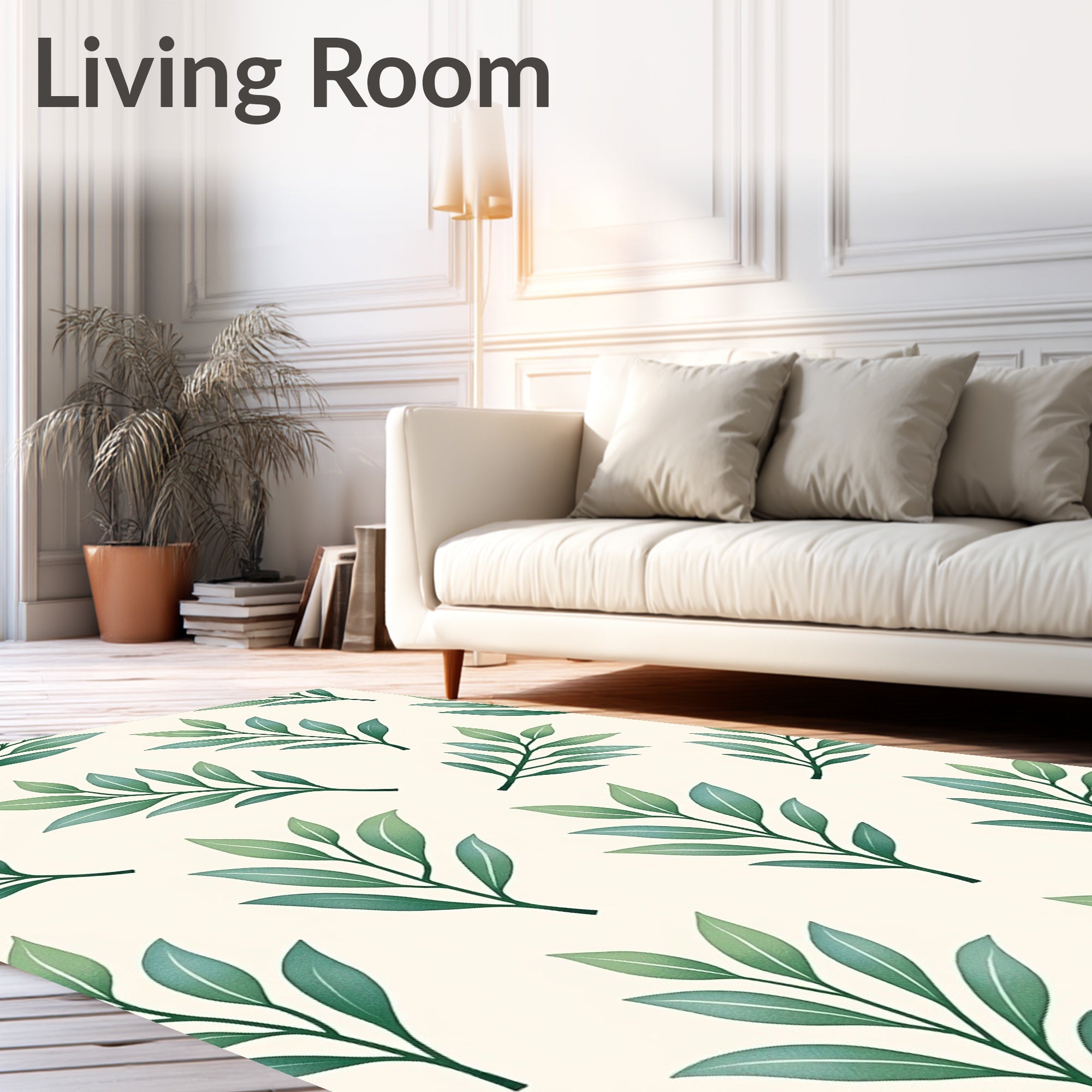 Green Leafy Branches Cream Background Rug