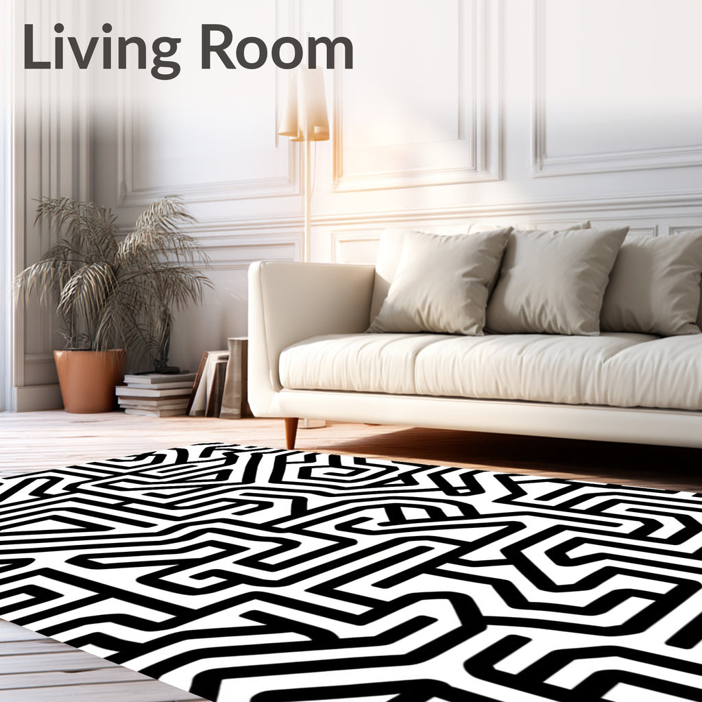Black White Labyrinth Maze Lines Rug