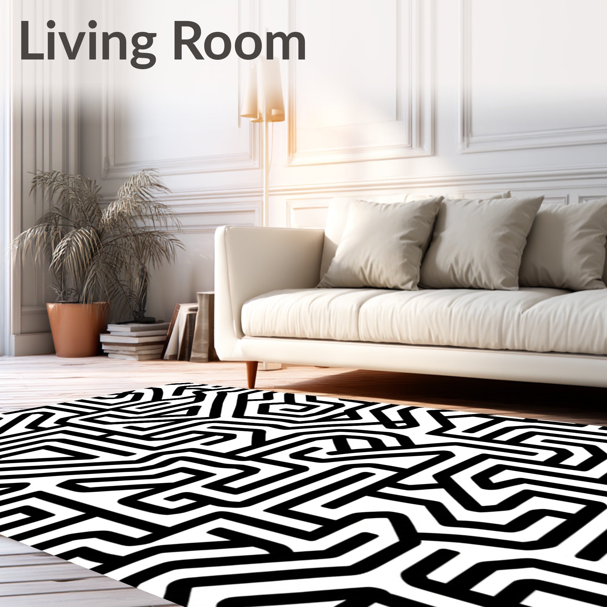 Black White Labyrinth Maze Lines Rug