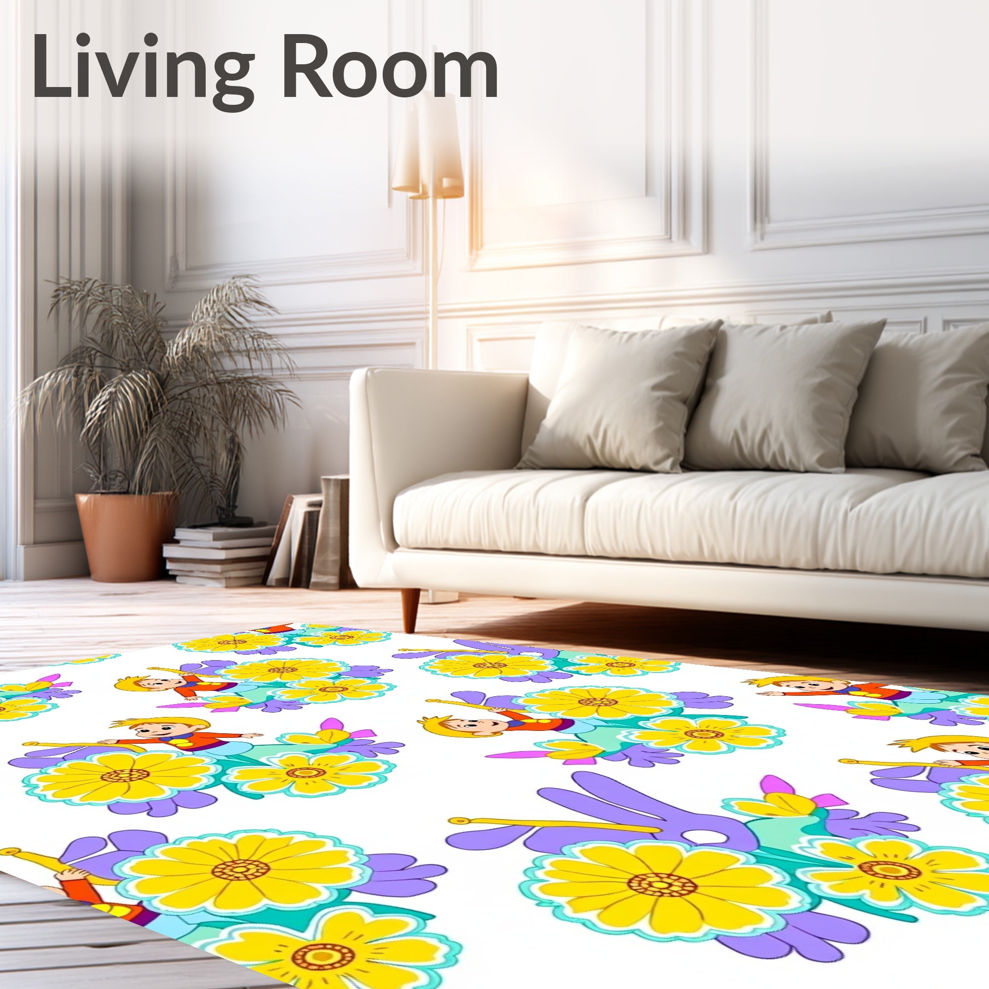 Whimsical Boy Girl Yellow Floral Arrangement Rug