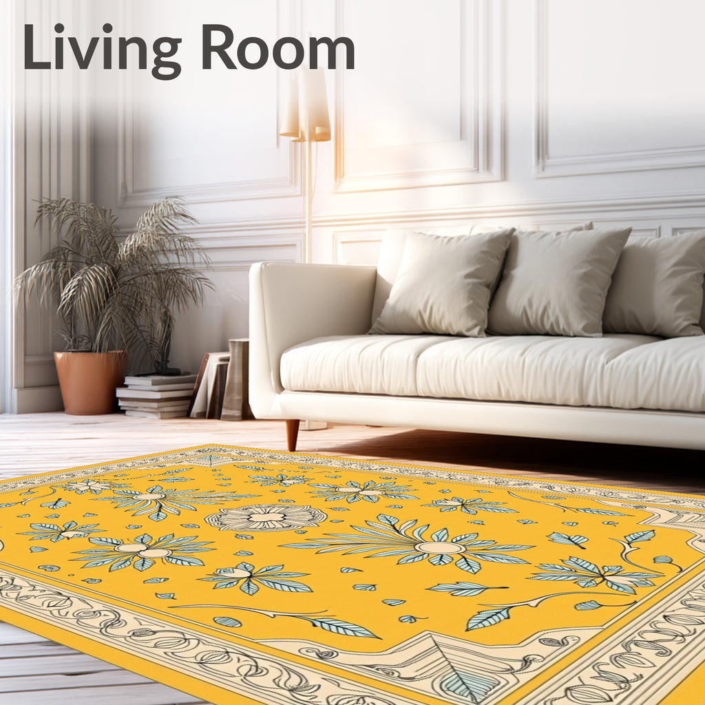 Golden Yellow Floral Foliage Rug