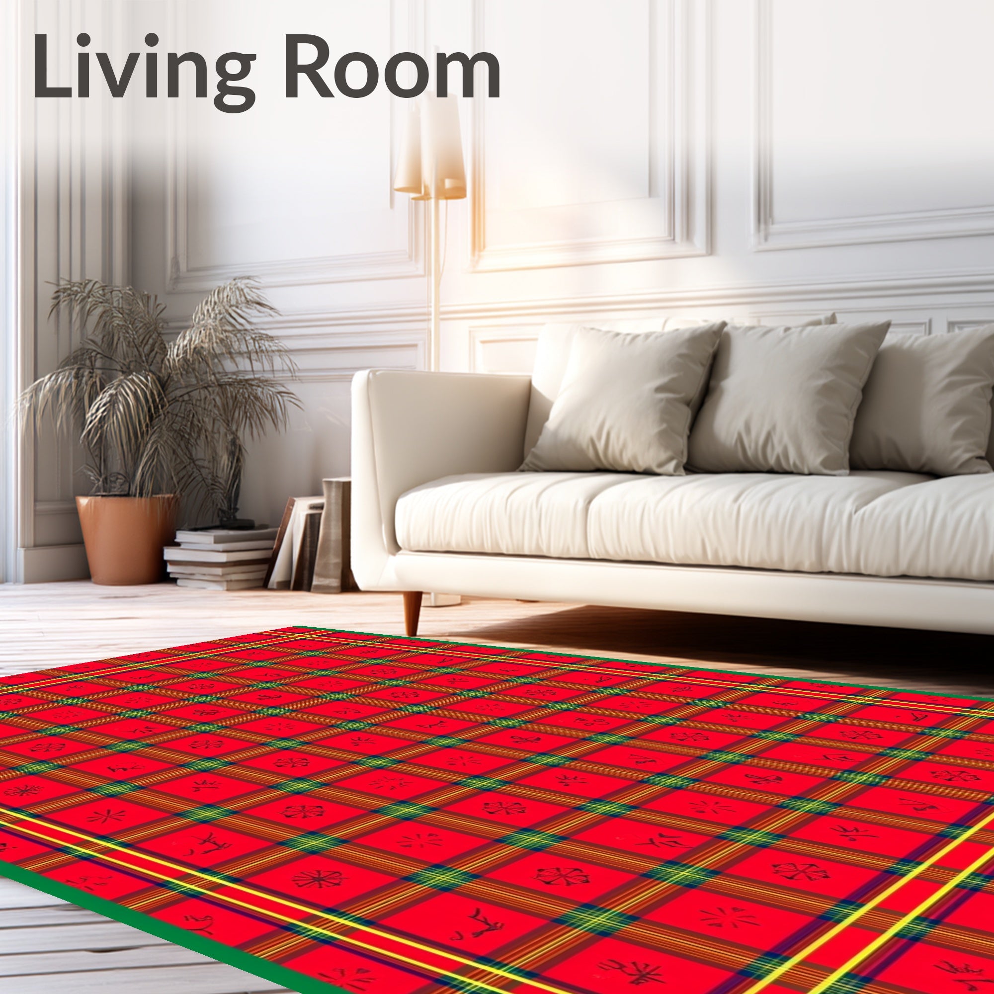 Crimson Plaid with Scattered Icons Rug