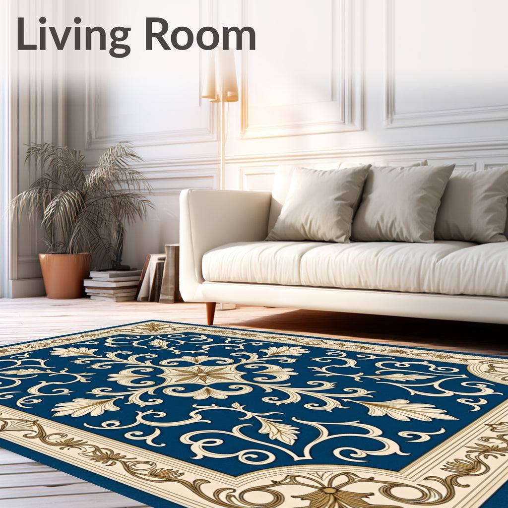 Regal Blue Gold Baroque Scroll Rug