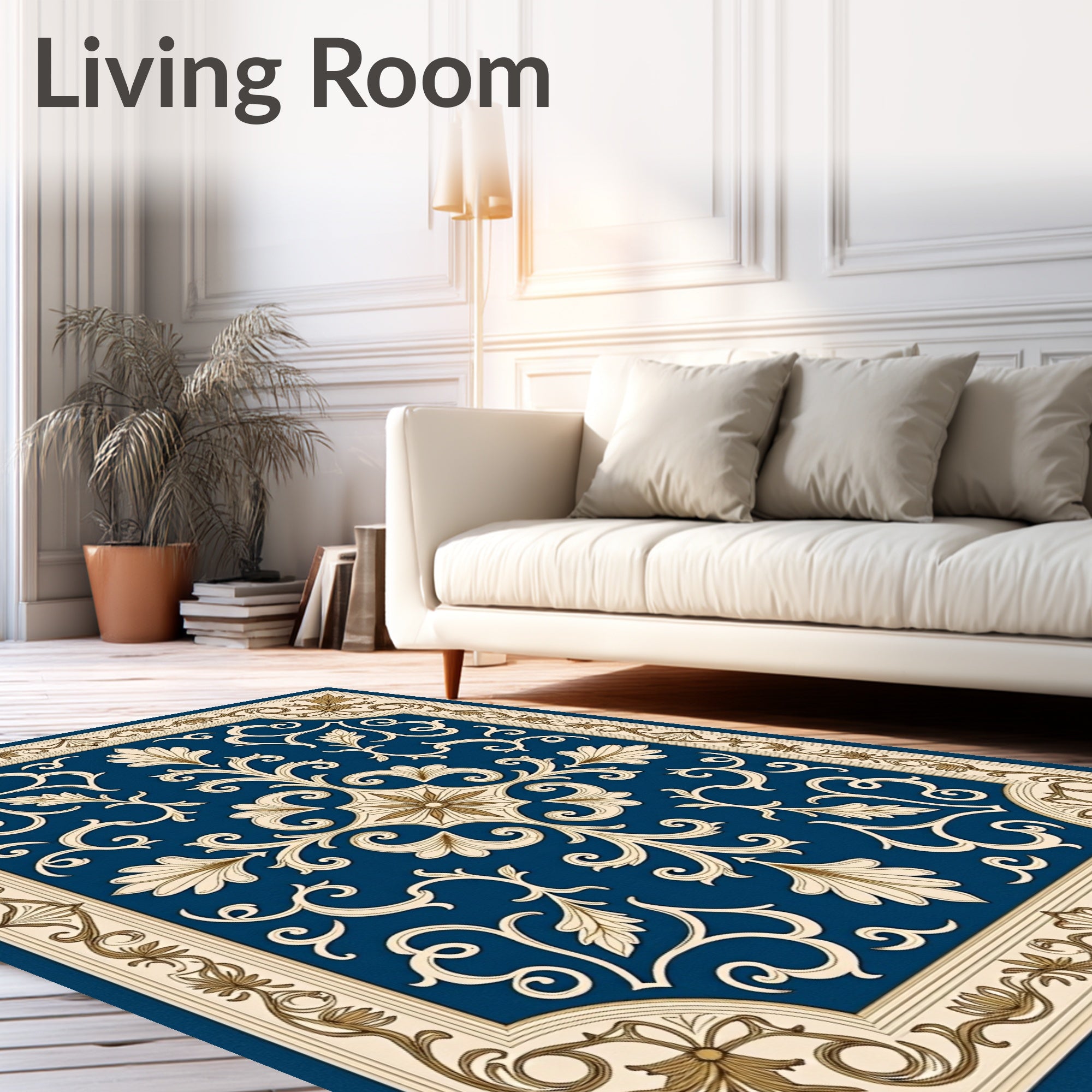 Regal Blue Gold Baroque Scroll Rug