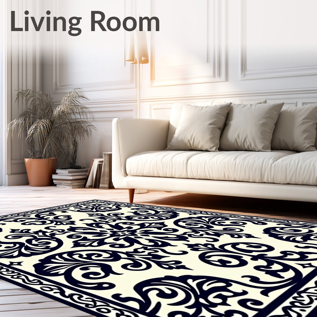 Dark Navy Cream Damask Scroll Rug