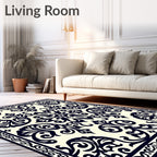 Dark Navy Cream Damask Scroll Rug