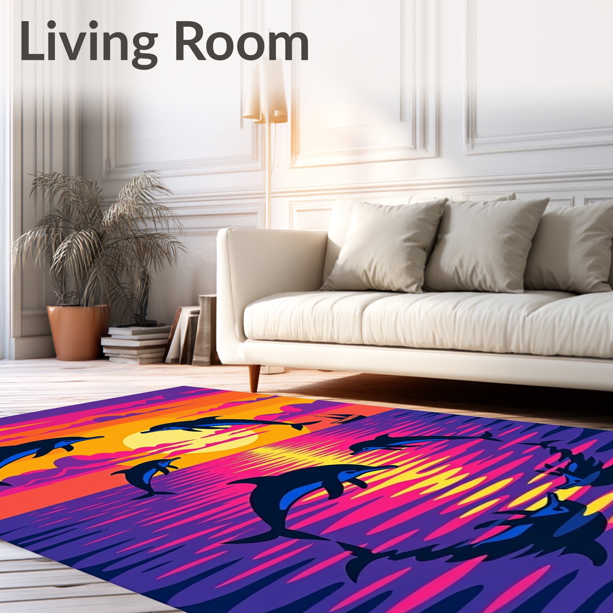 Vibrant Dolphin Sunset Ocean Reflection Rug