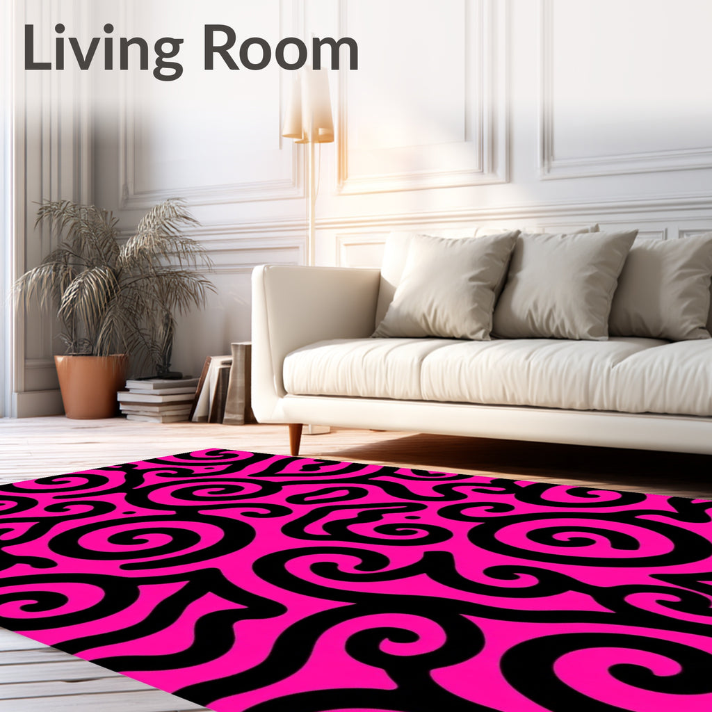 Vibrant Pink Black Swirl Abstract Rug