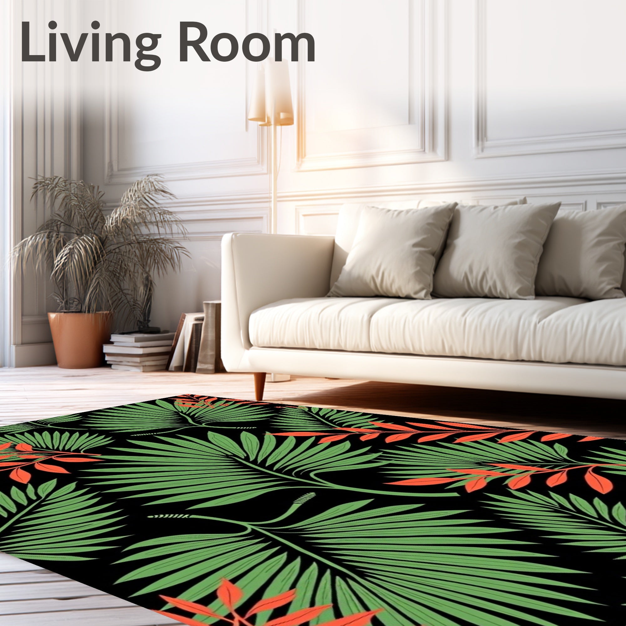 Green Red Tropical Leafy Botanicals Rug