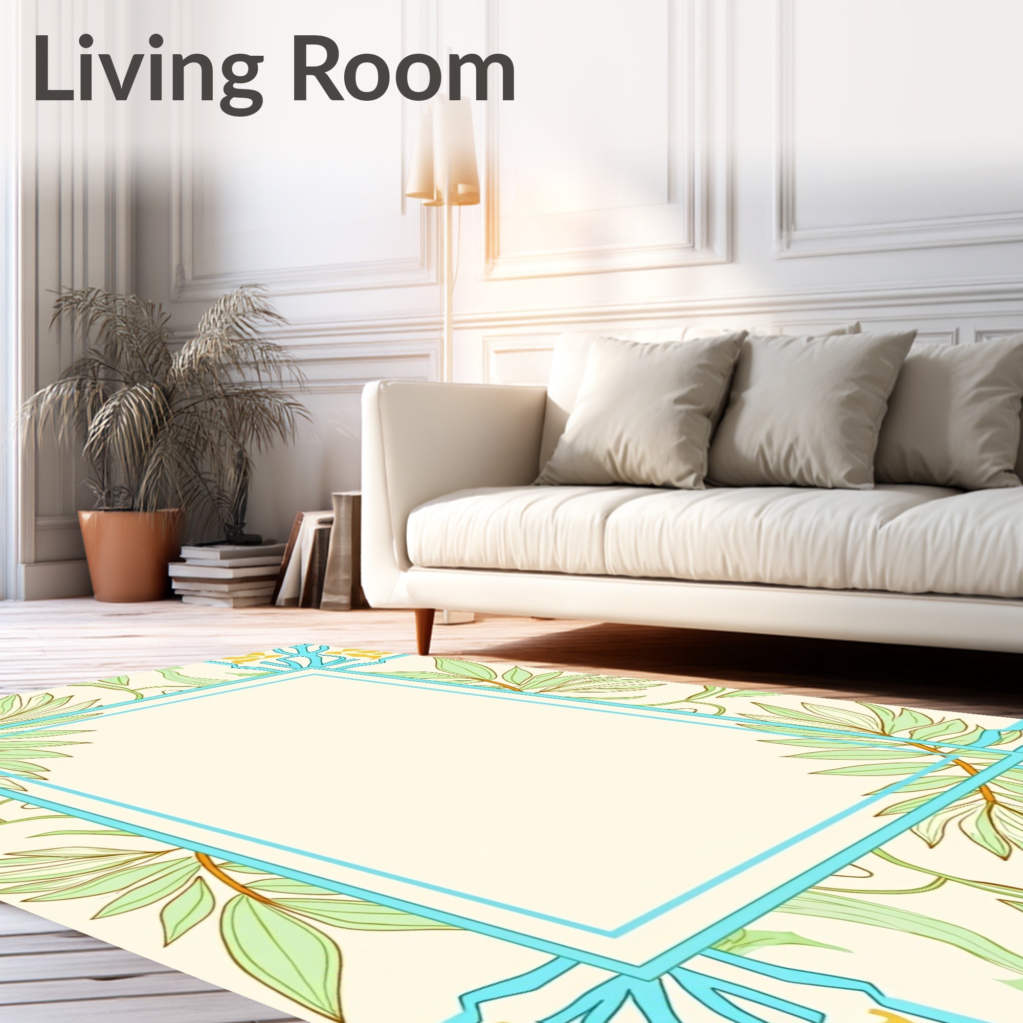 Pale Blue Floral Branch Border Rug