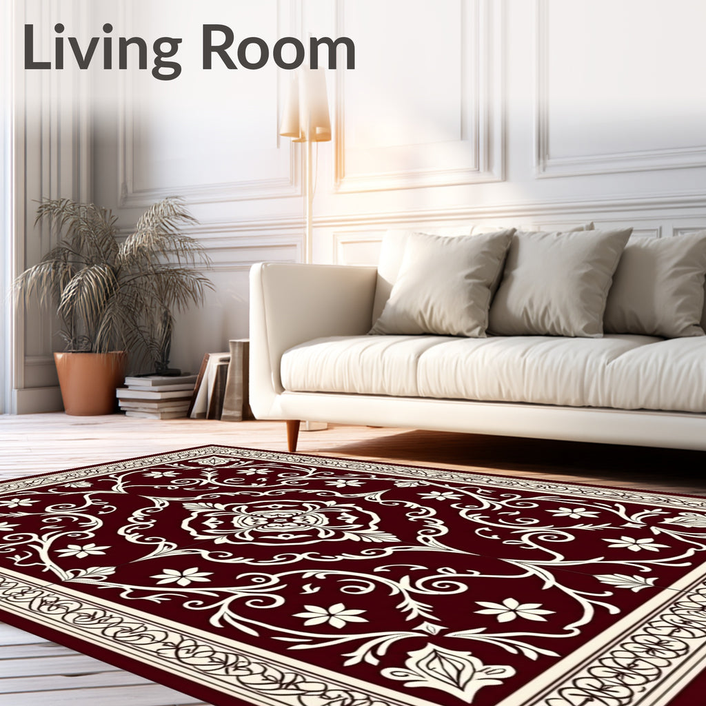 Deep Red Cream Floral Medallion Rug