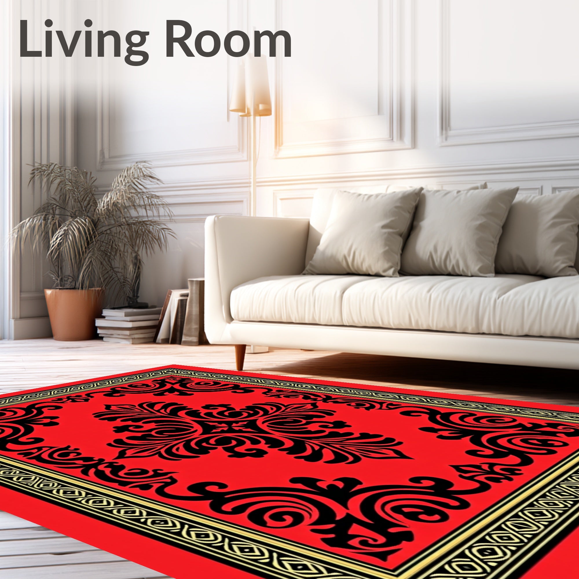 Crimson Black Damask Scrollwork Medallion Rug