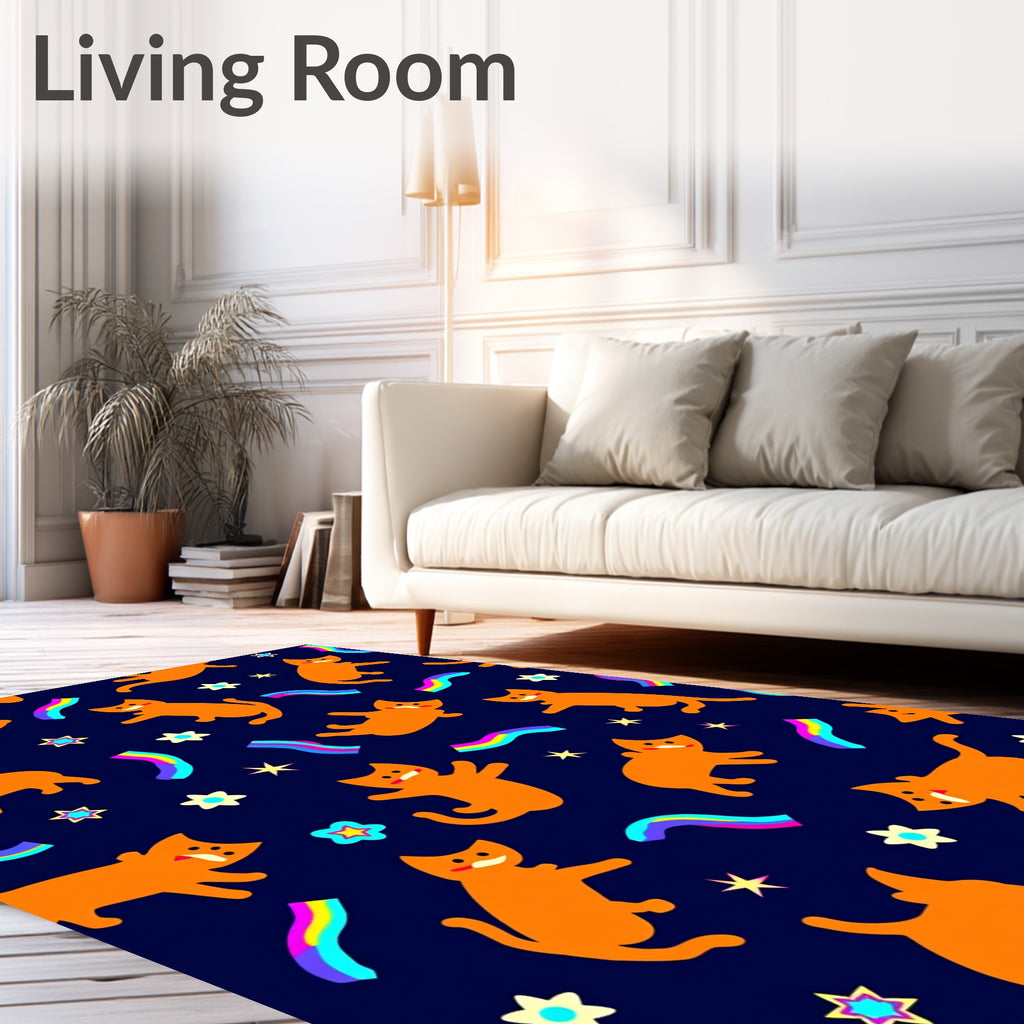 Whimsical Orange Cats Rainbow Stars Rug