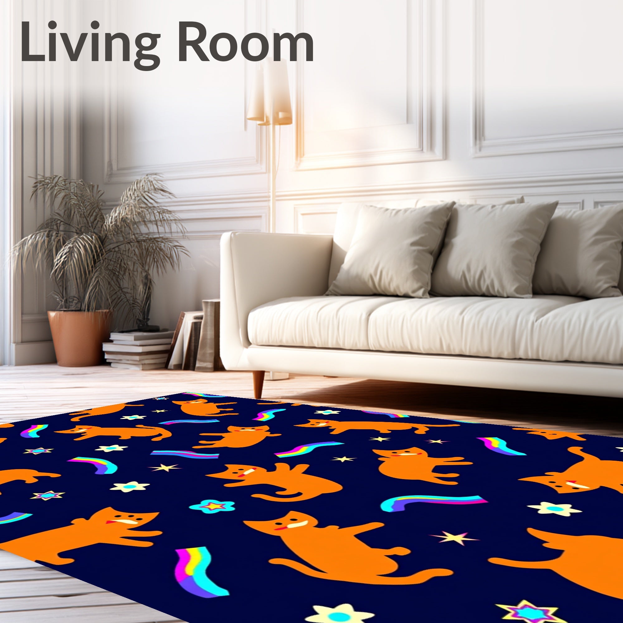 Whimsical Orange Cats Rainbow Stars Rug
