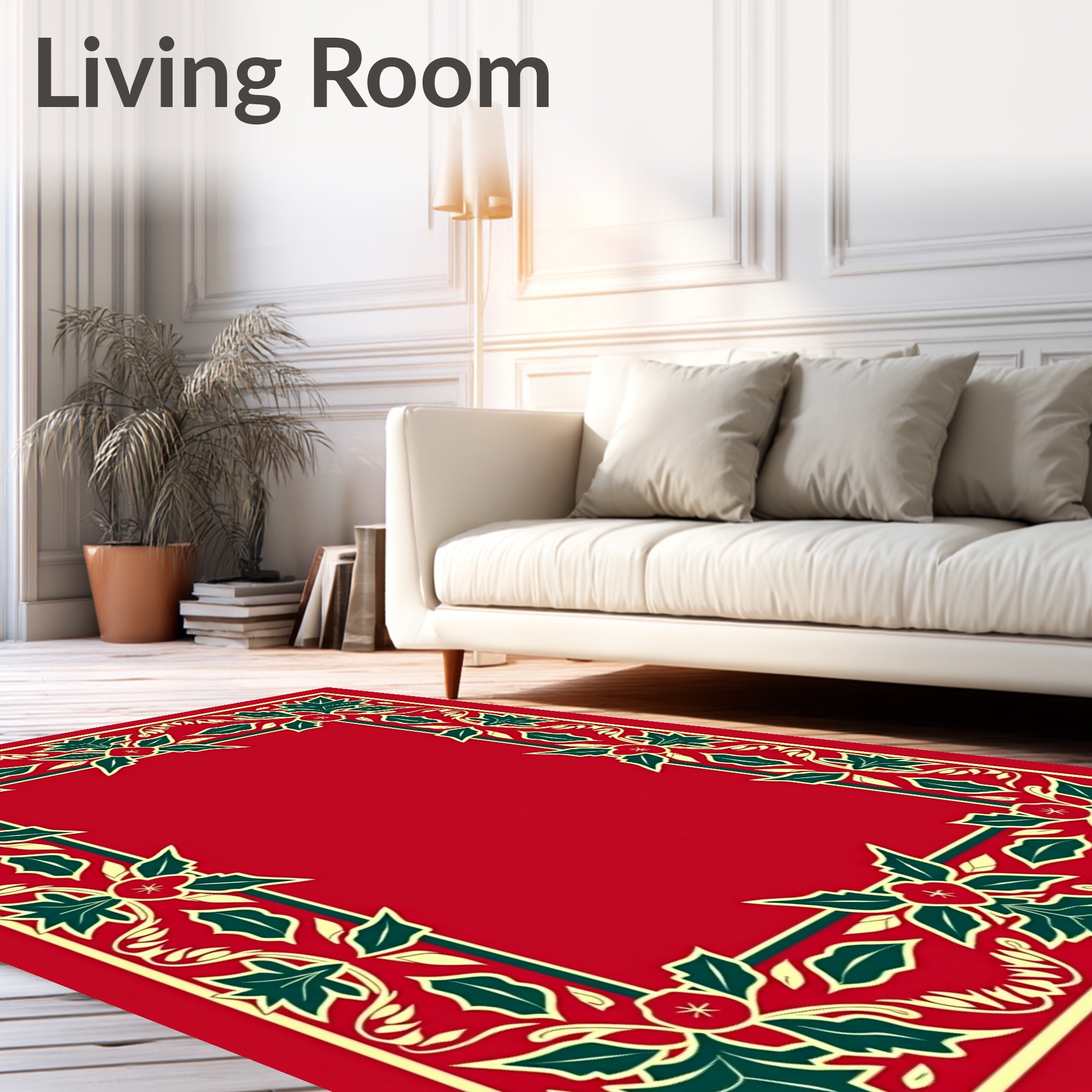 Festive Red Green Holly Border Rug