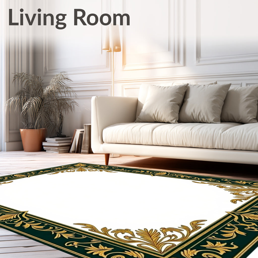 Ornate Emerald Gold Leaf Border Rug