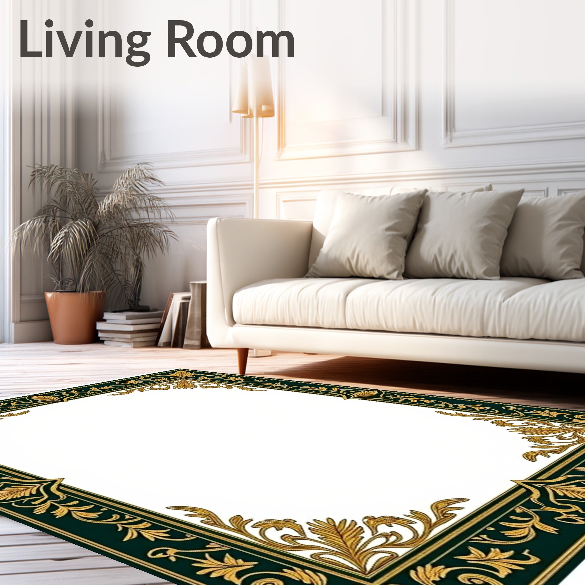 Ornate Emerald Gold Leaf Border Rug
