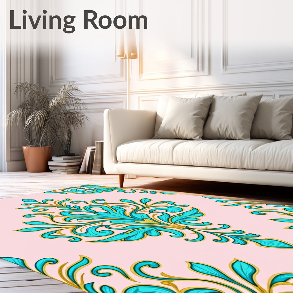 Elegant Teal Gold Floral Damask on Pink Rug