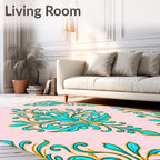 Elegant Teal Gold Floral Damask on Pink Rug