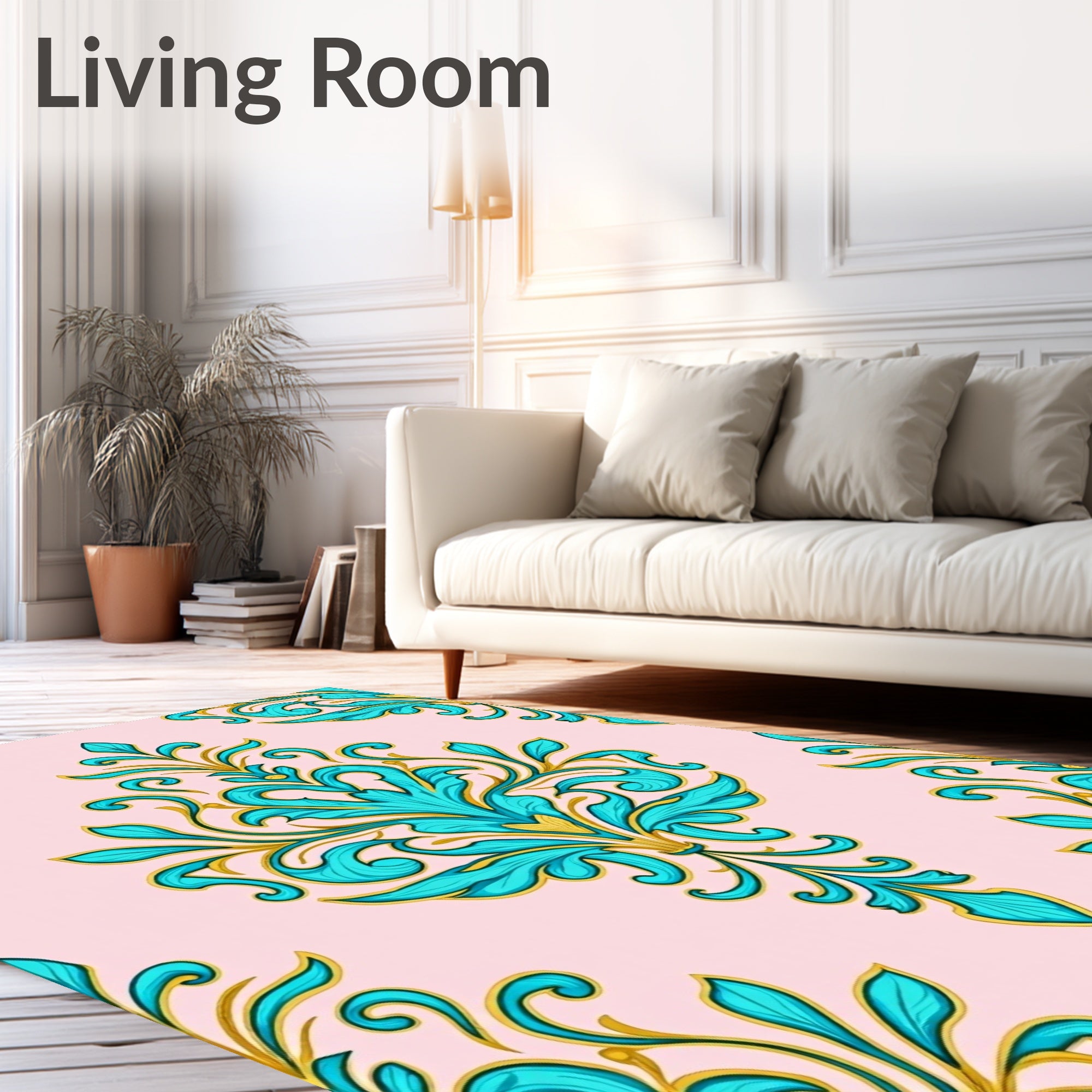 Elegant Teal Gold Floral Damask on Pink Rug